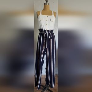 J For Justify Navy Blue,Tan & White Striped Jumpsuit Size M